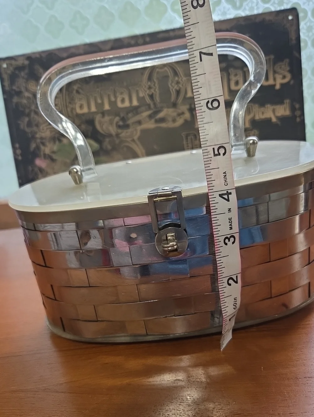 Vintage 1950s Lucite Purse Metal Basketweave Clear Marble Lucite Lid And Bottom